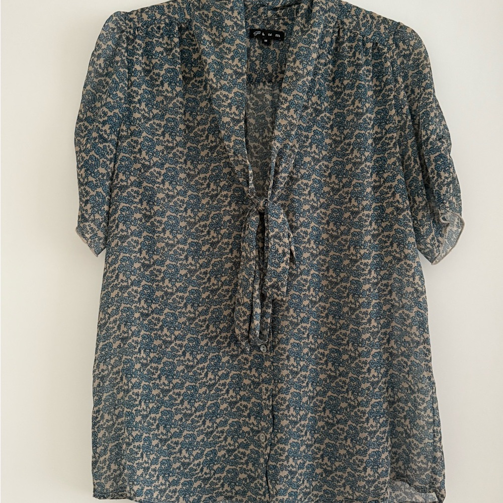Plum Clothing Sheer Floral Blue Blouse with Tie Neck